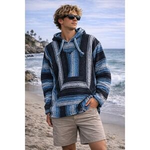 Earth Ragz Baja Hoodie S Mexican Poncho Drug Rug Blue Black Striped Unisex